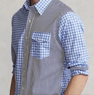 Polo Ralph Lauren Blue and White Checker/Stripe Shirt Classic Medium 15.5 NWT